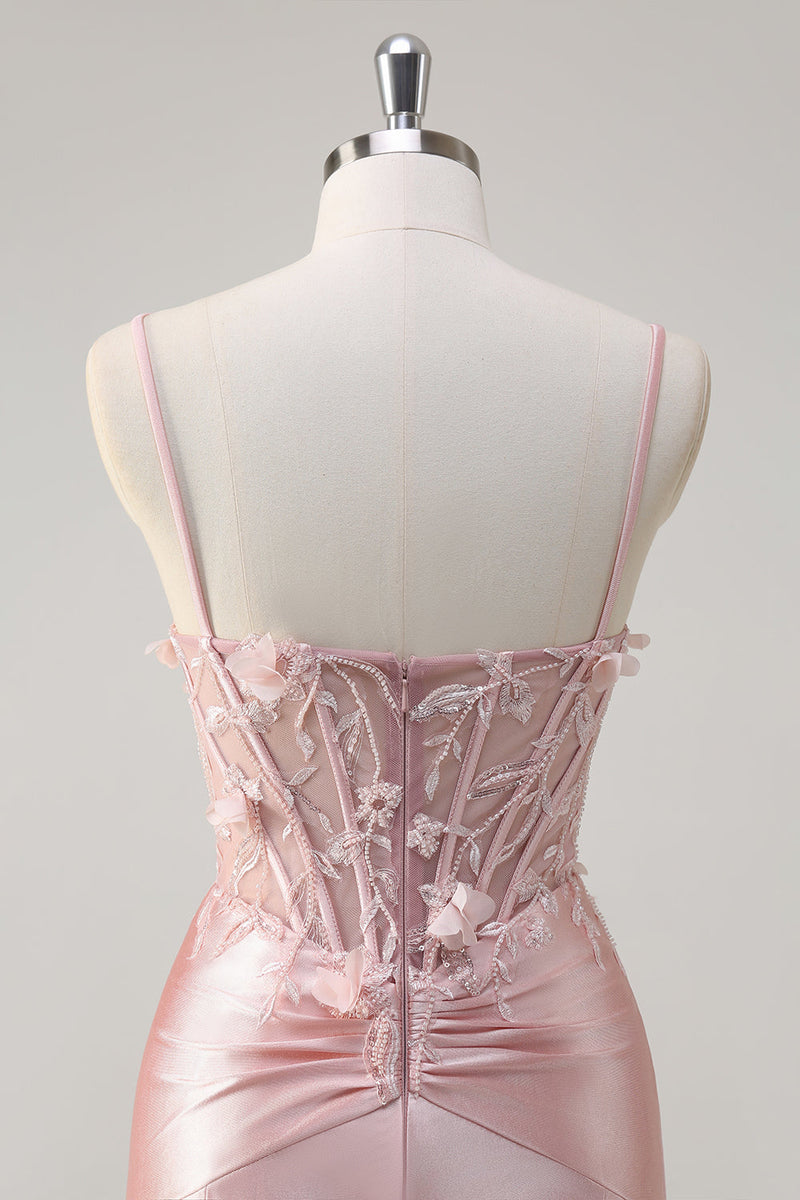 Load image into Gallery viewer, Pink Satin Mermaid Spaghetti Straps Corset Long Formal Dress