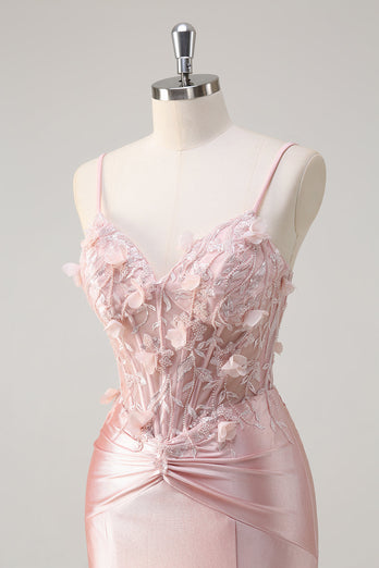 Pink Satin Mermaid Spaghetti Straps Corset Long Formal Dress