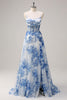 Load image into Gallery viewer, ZAPAKA Women White Blue Flower Tulle Long Formal Dress with Slit Corset Cowl Neck Spaghetti Straps A Line Pleated Wedding Guest Dress