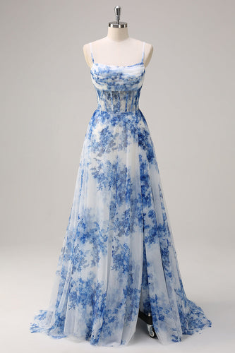 ZAPAKA Women White Blue Flower Tulle Long Formal Dress with Slit Corset Cowl Neck Spaghetti Straps A Line Pleated Wedding Guest Dress