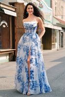 Load image into Gallery viewer, White Blue Floral Ruched Corset Long Formal Dress With Slit