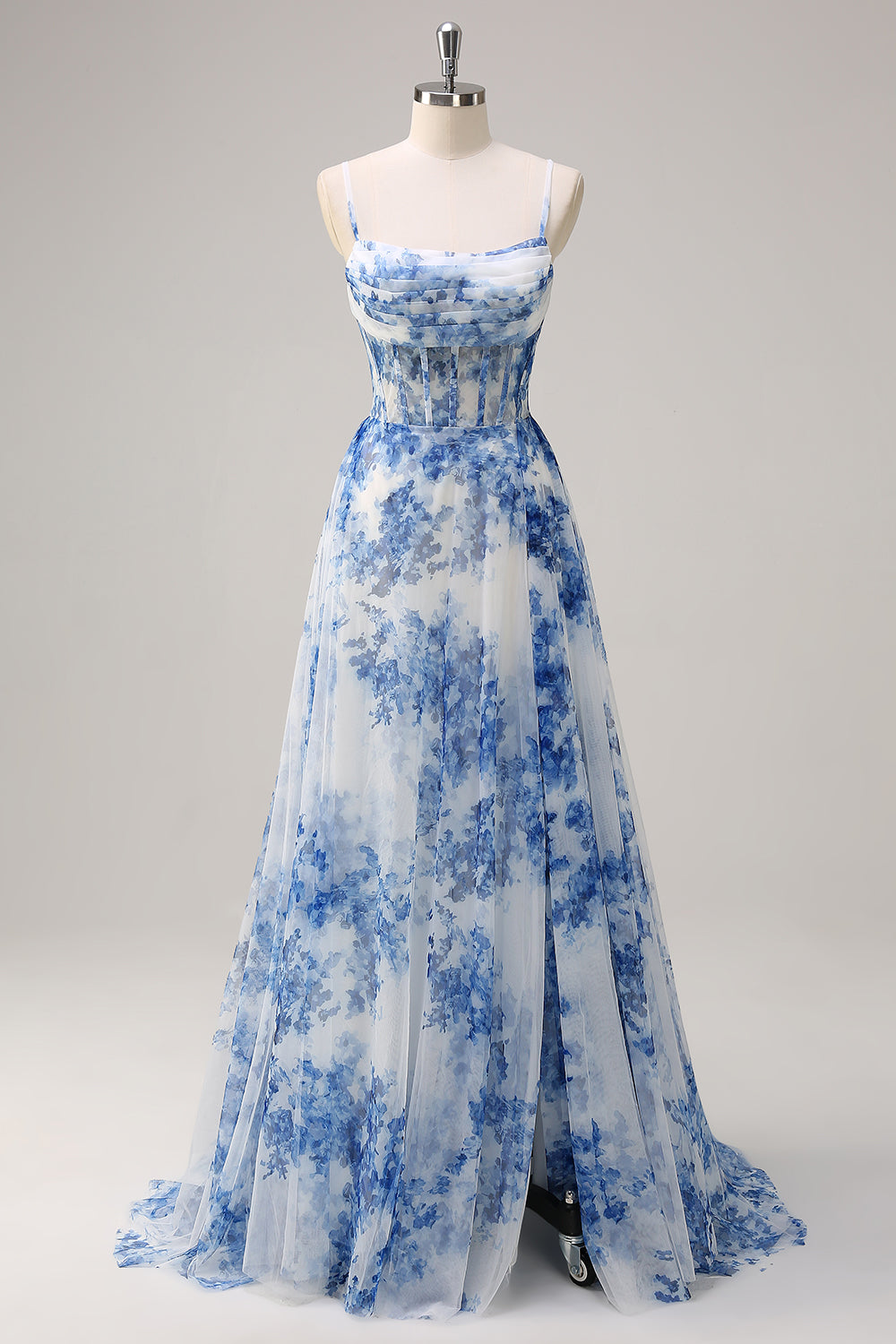 ZAPAKA Women White Blue Flower Tulle Long Formal Dress with Slit Corset Cowl Neck Spaghetti Straps A Line Pleated Wedding Guest Dress