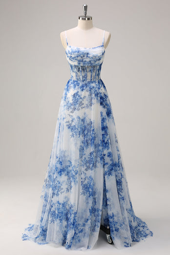 White Blue Floral A-Line Ruched Corset Long Formal Dress With Slit
