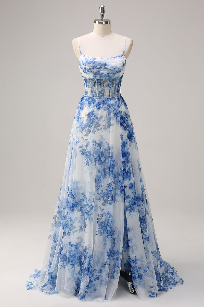 Load image into Gallery viewer, White Blue Floral A-Line Ruched Corset Long Formal Dress With Slit