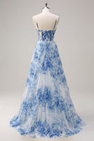 Load image into Gallery viewer, White Blue Floral Ruched Corset Long Formal Dress With Slit