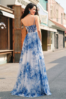 White Blue Floral A-Line Ruched Corset Long Formal Dress With Slit