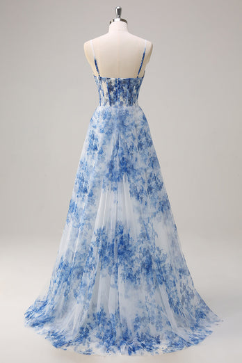 White Blue Floral A-Line Ruched Corset Long Formal Dress With Slit