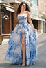 Load image into Gallery viewer, White Blue Floral A-Line Ruched Corset Long Formal Dress With Slit