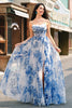 Load image into Gallery viewer, White Blue Floral A-Line Ruched Corset Long Formal Dress With Slit