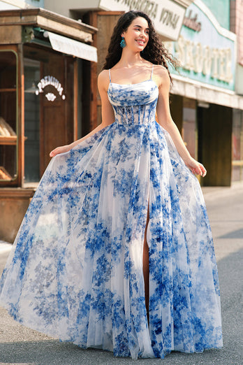 White Blue Floral A-Line Ruched Corset Long Formal Dress With Slit