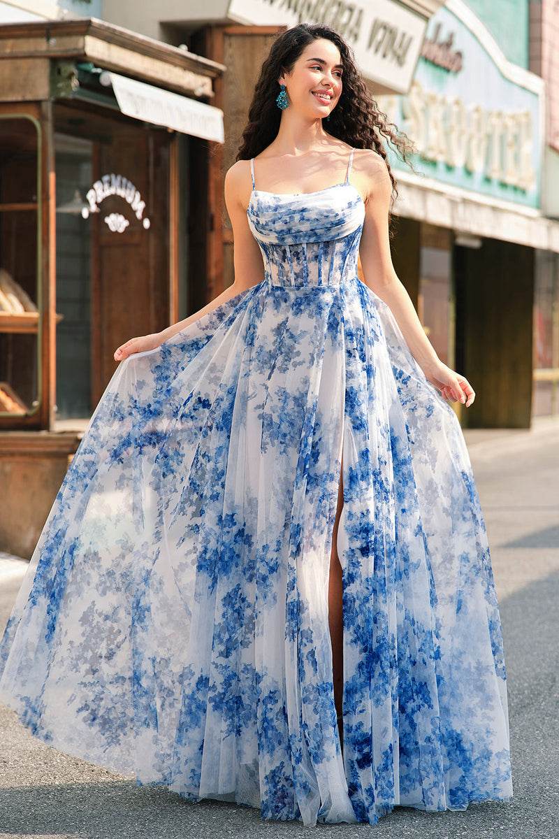 Load image into Gallery viewer, White Blue Floral A-Line Ruched Corset Long Formal Dress With Slit