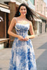 Load image into Gallery viewer, White Blue Floral A-Line Ruched Corset Long Formal Dress With Slit