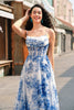 Load image into Gallery viewer, White Blue Floral A-Line Ruched Corset Long Formal Dress With Slit