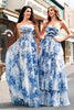 Load image into Gallery viewer, White Blue Floral A-Line Ruched Corset Long Formal Dress With Slit
