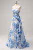 Load image into Gallery viewer, White Blue Floral Ruched Corset Long Formal Dress With Slit
