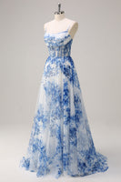 Load image into Gallery viewer, White Blue Floral Ruched Corset Long Formal Dress With Slit