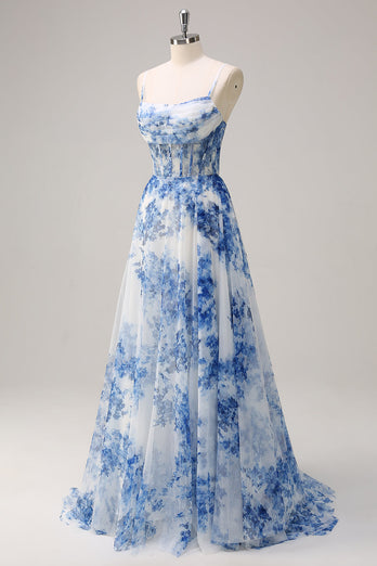 White Blue Floral Ruched Corset Long Formal Dress With Slit
