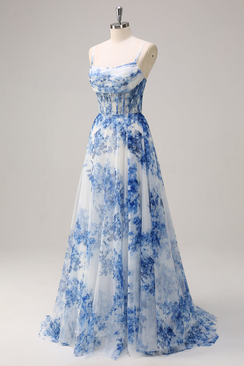 Load image into Gallery viewer, White Blue Floral Ruched Corset Long Formal Dress With Slit