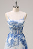 Load image into Gallery viewer, White Blue Floral Ruched Corset Long Formal Dress With Slit