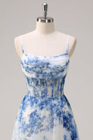 Load image into Gallery viewer, White Blue Floral Ruched Corset Long Formal Dress With Slit