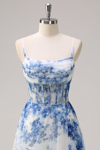White Blue Floral Ruched Corset Long Formal Dress With Slit