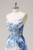 Load image into Gallery viewer, White Blue Floral Ruched Corset Long Formal Dress With Slit