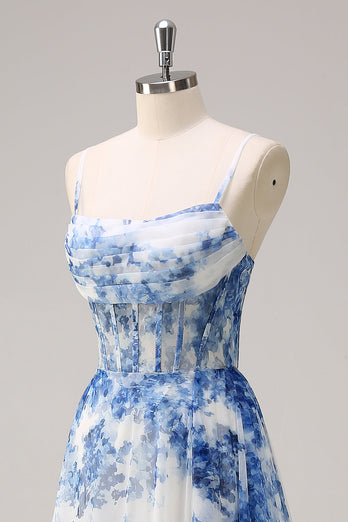 White Blue Floral Ruched Corset Long Formal Dress With Slit