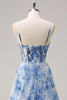 Load image into Gallery viewer, White Blue Floral Ruched Corset Long Formal Dress With Slit