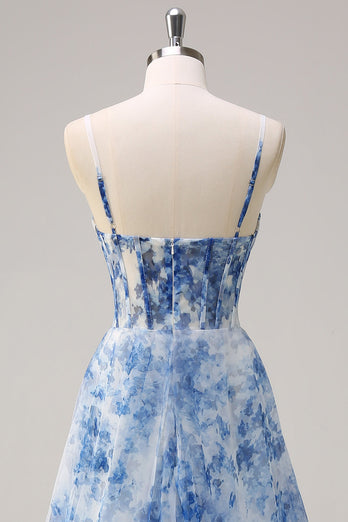 White Blue Floral Ruched Corset Long Formal Dress With Slit