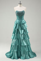 Load image into Gallery viewer, Peacock Green Tiered Strapless Long Formal Dress with Beading