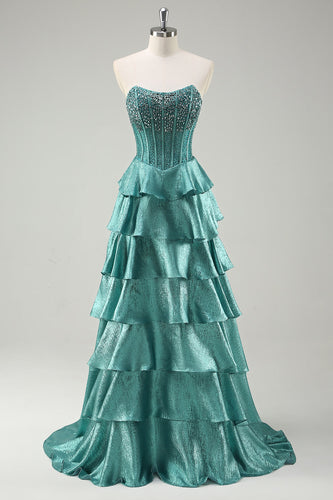 Peacock Green Tiered Strapless Long Formal Dress with Beading