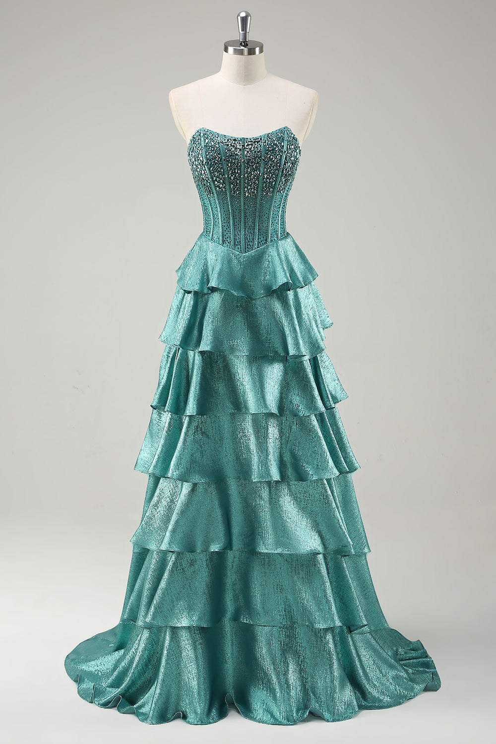 Peacock Green Tiered Strapless Long Formal Dress with Beading