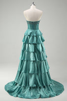 Load image into Gallery viewer, Peacock Green Tiered Strapless Long Formal Dress with Beading