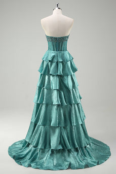 Peacock Green Tiered Strapless Long Formal Dress with Beading