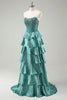 Load image into Gallery viewer, Peacock Green Tiered Strapless Long Formal Dress with Beading