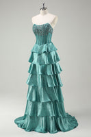 Load image into Gallery viewer, Peacock Green Tiered Strapless Long Formal Dress with Beading