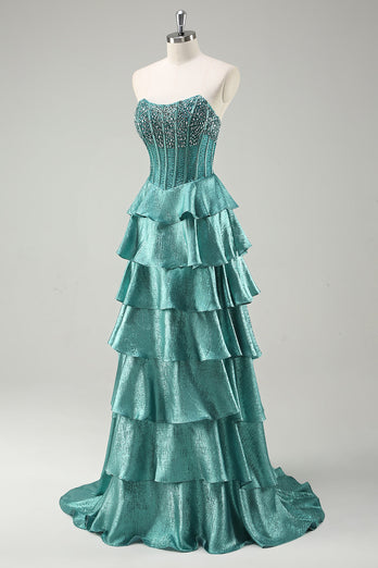 Peacock Green Tiered Strapless Long Formal Dress with Beading