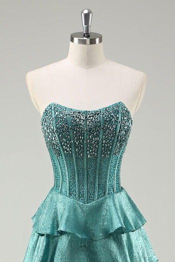 Peacock Green Tiered Strapless Long Formal Dress with Beading