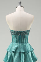 Load image into Gallery viewer, Peacock Green Tiered Strapless Long Formal Dress with Beading