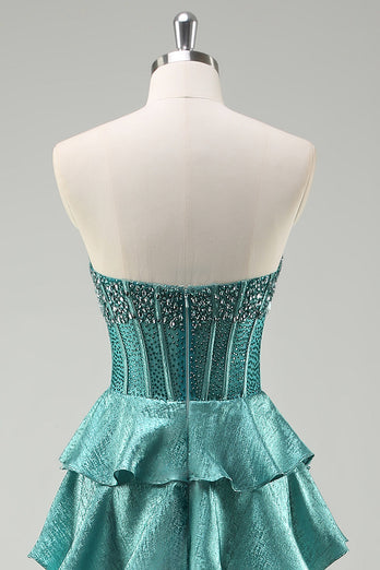 Peacock Green Tiered Strapless Long Formal Dress with Beading