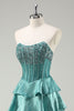 Load image into Gallery viewer, Peacock Green Tiered Strapless Long Formal Dress with Beading