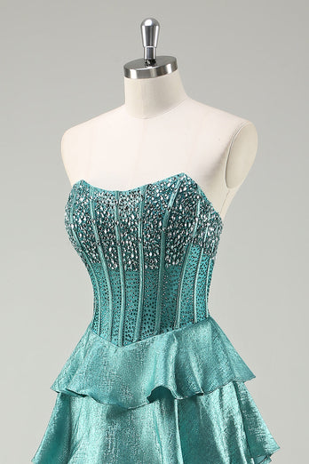 Peacock Green Tiered Strapless Long Formal Dress with Beading