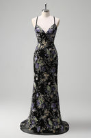 Load image into Gallery viewer, Sparkly Black Floral Mermaid Long Formal Dress with Sequins