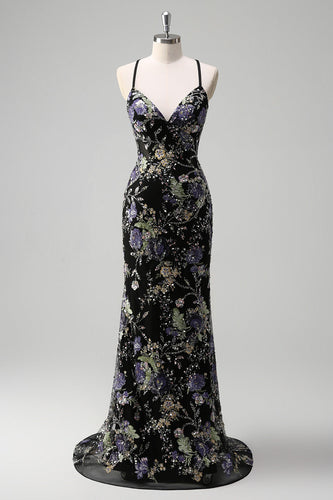 Sparkly Black Floral Mermaid Long Formal Dress with Sequins
