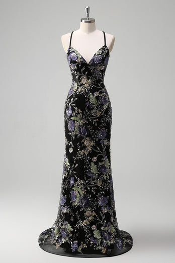 Sparkly Black Floral Mermaid Long Formal Dress with Sequins