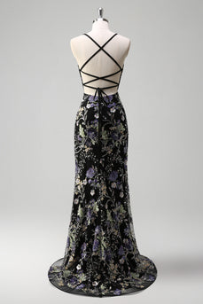 Sparkly Black Floral Mermaid Long Formal Dress with Sequins