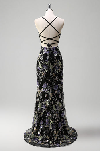 Sparkly Black Floral Mermaid Long Formal Dress with Sequins