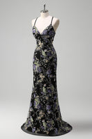 Load image into Gallery viewer, Sparkly Black Floral Mermaid Long Formal Dress with Sequins