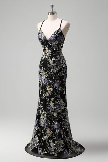 Sparkly Black Floral Mermaid Long Formal Dress with Sequins