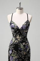 Load image into Gallery viewer, Sparkly Black Floral Mermaid Long Formal Dress with Sequins